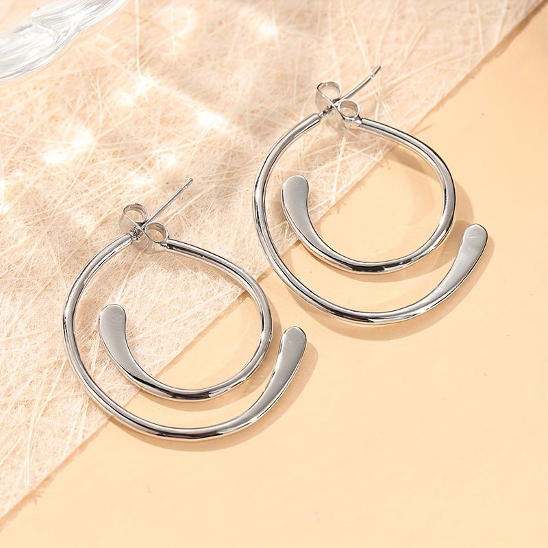 Curved Bar Hoop Earrings in Silver Tone with Vintage Bohemian Design