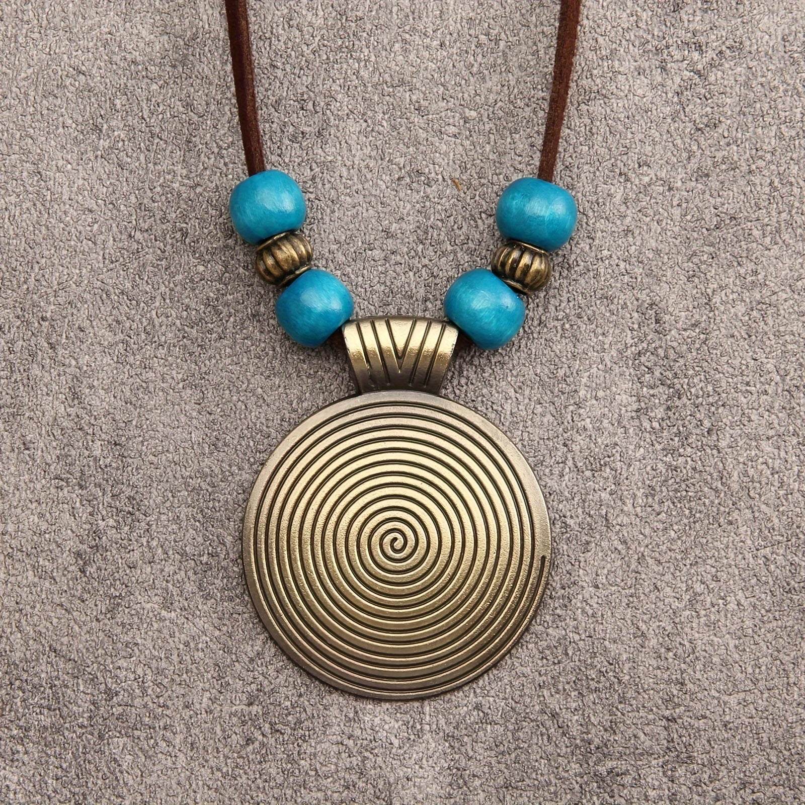 Spiral Disc Pendant Necklace with Turquoise Wood Beads and Leather Cord