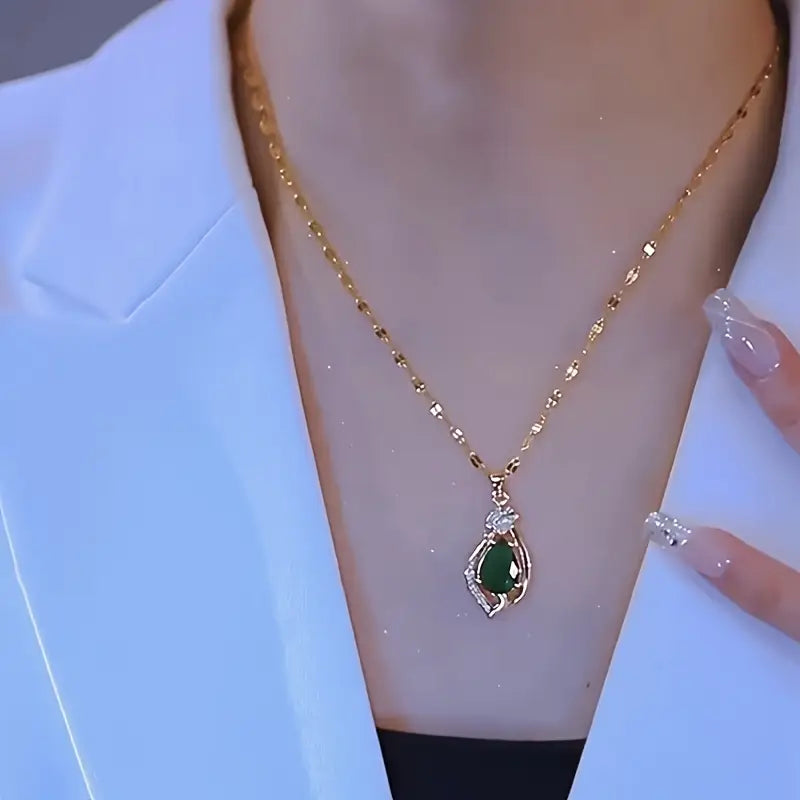 Teardrop Emerald Pendant Necklace with Rhinestone Frame