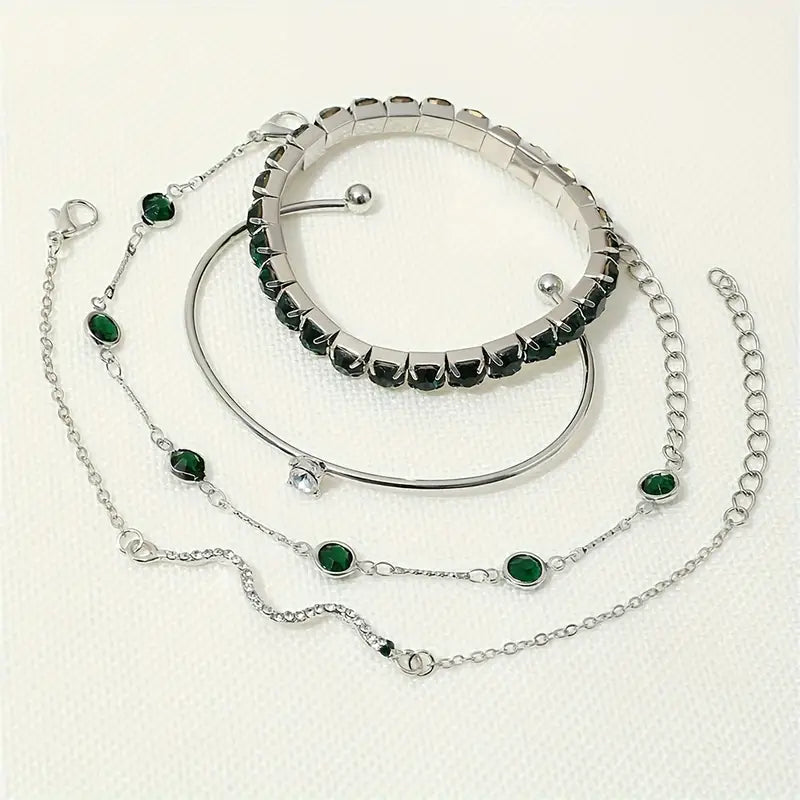 Green Stone Bracelet Set with Gold-Tone Chain, Cuff and Pendant Designs — view 8