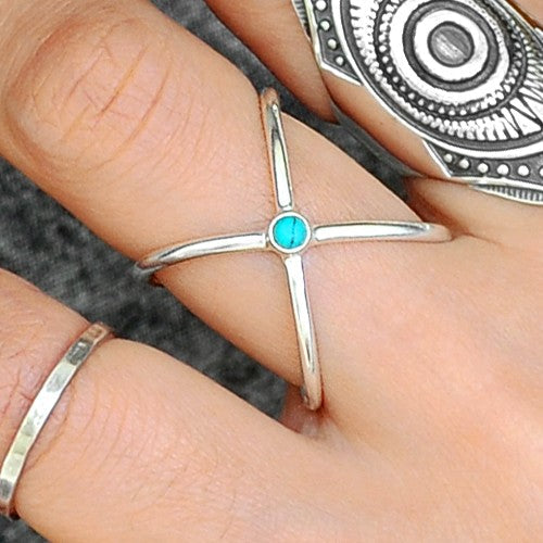 Criss-Cross Turquoise Ring in Sterling Silver with Bezel-Set Stone
