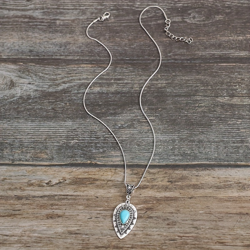 Teardrop Turquoise Pendant Necklace with Filigree Detail in Oxidized Silver