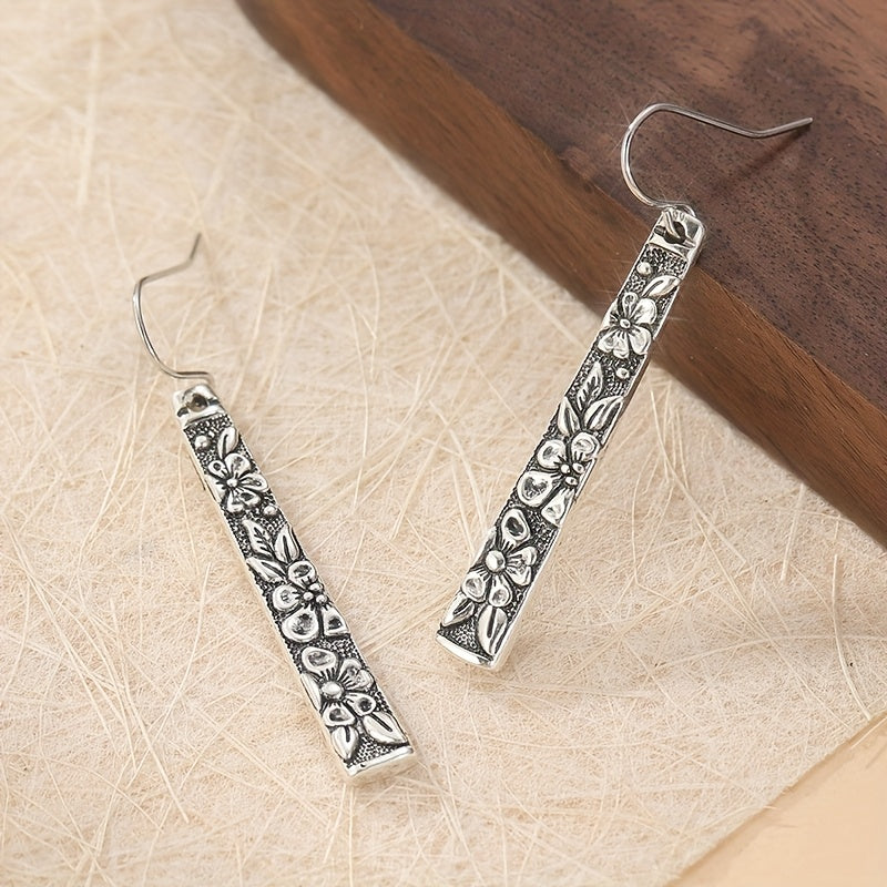 Floral Engraved Rectangular Drop Earrings, Vintage Boho Style