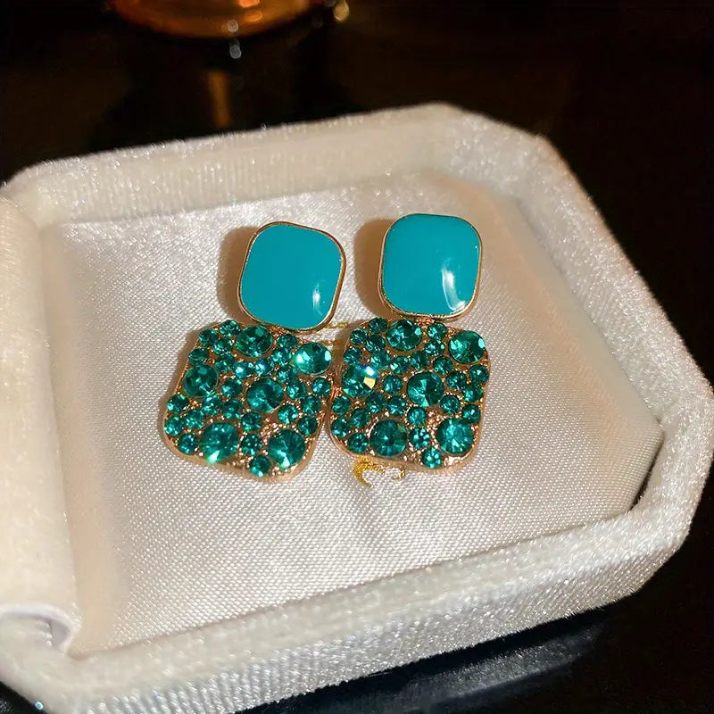Turquoise Cabochon Drop Earrings with Crystal Pavé Accent