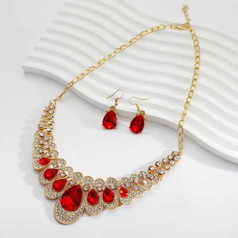 Teardrop Ruby-Red Crystal Necklace and Earring Set, Gold-Tone Tiered Design — view 2
