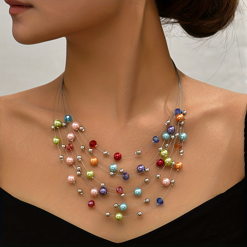 Multi-Strand Imitation Pearl Beaded Boho Necklace with Silver-Tone Accents