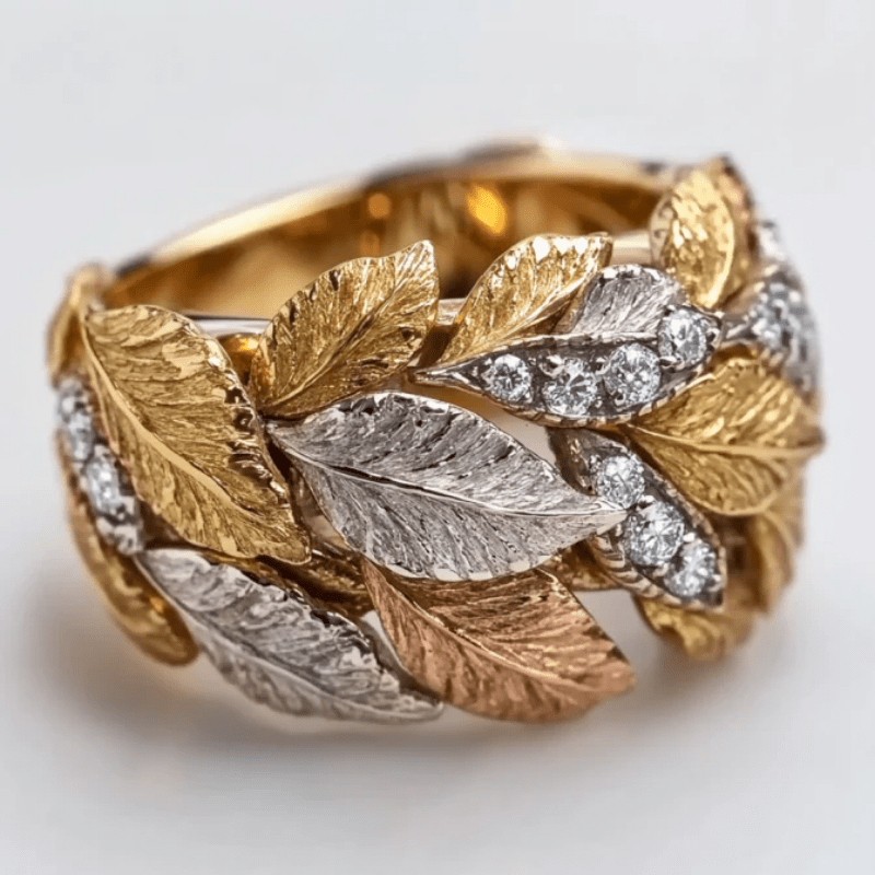 Leaf Motif Statement Ring with Cubic Zirconia Accents in Tri-Tone Metal — main image