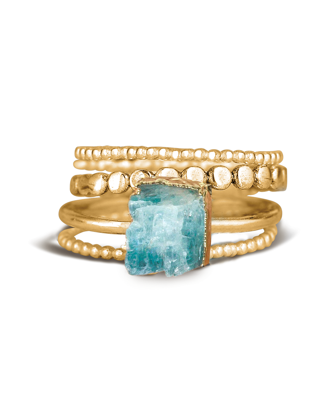Raw Aquamarine Stacking Ring Set with Beaded Gold Bands