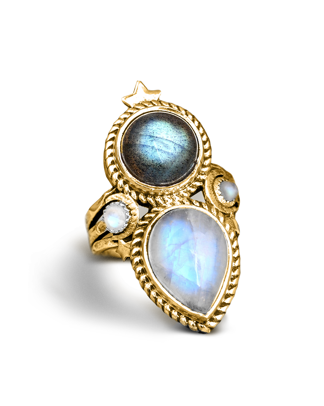 Celestial Moonstone Labradorite Ring with Twisted Band