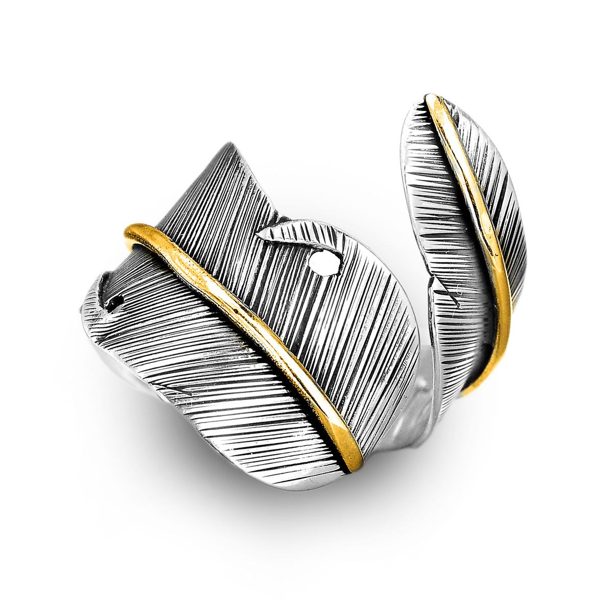 Dual Feather Ring in Sterling Silver 925 with Gold-Tone Accents, Adjustable Size 5.5-8