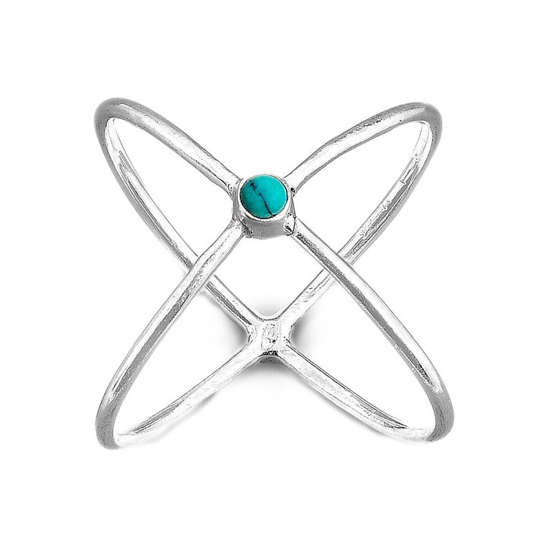 Criss-Cross Turquoise Ring in Sterling Silver with Bezel-Set Stone