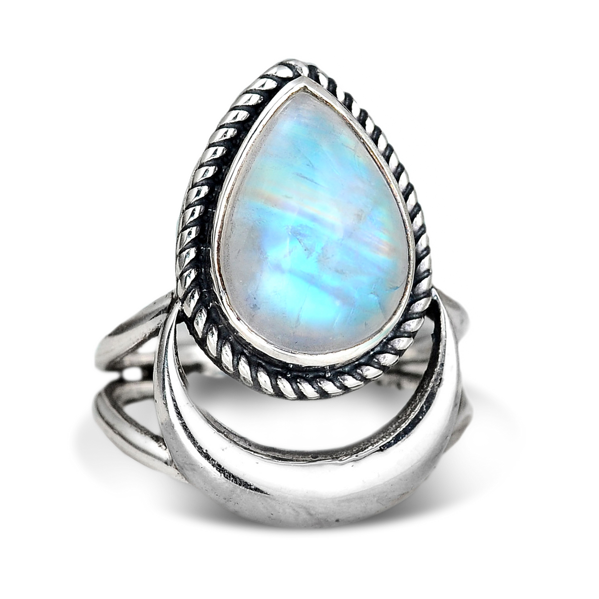 Crescent Moon Rainbow Moonstone Ring with Twisted Rope Bezel