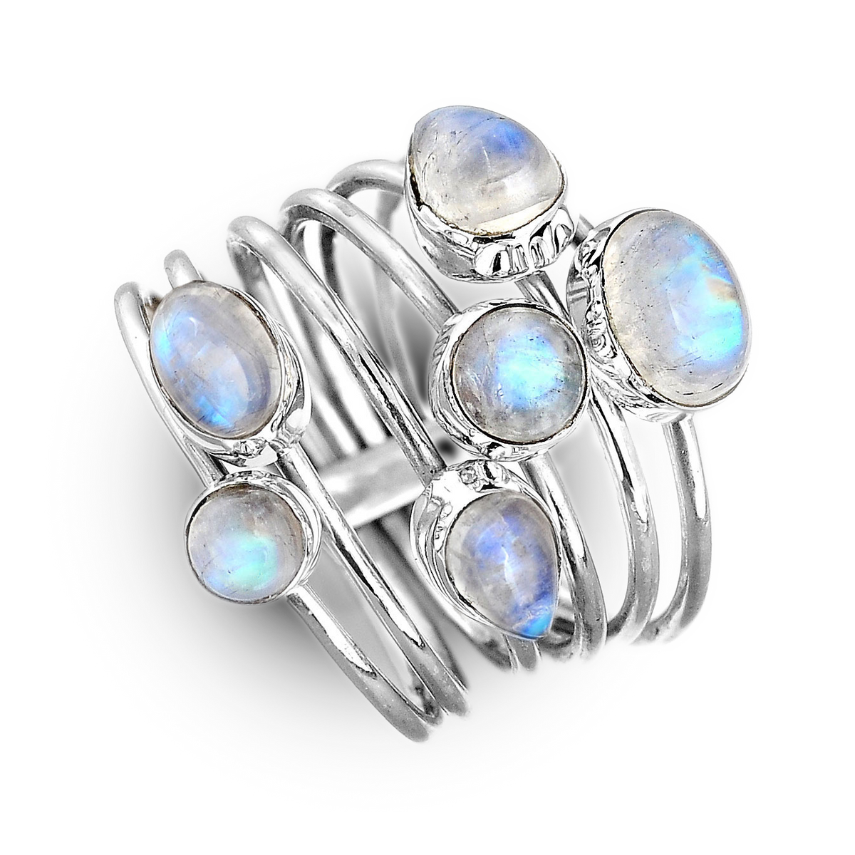 Rainbow Moonstone Stacking Ring Set, 6 Sterling Silver Bands with Oval and Round Stones