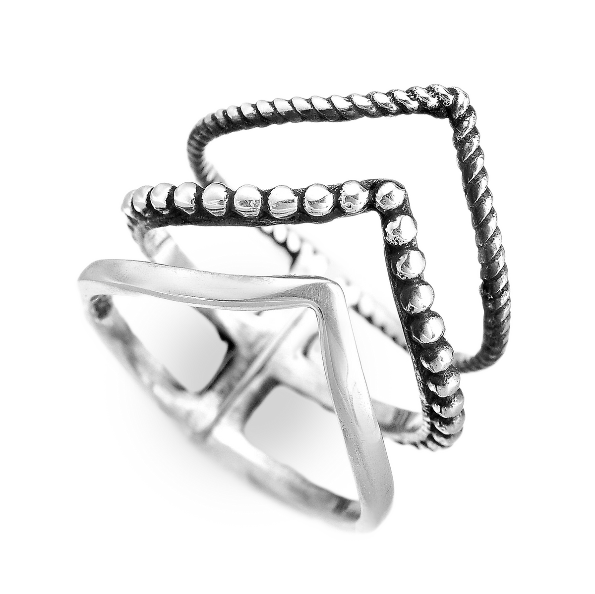 Triple Chevron Sterling Silver Ring, Boho Stacking Band with Oxidized Detail