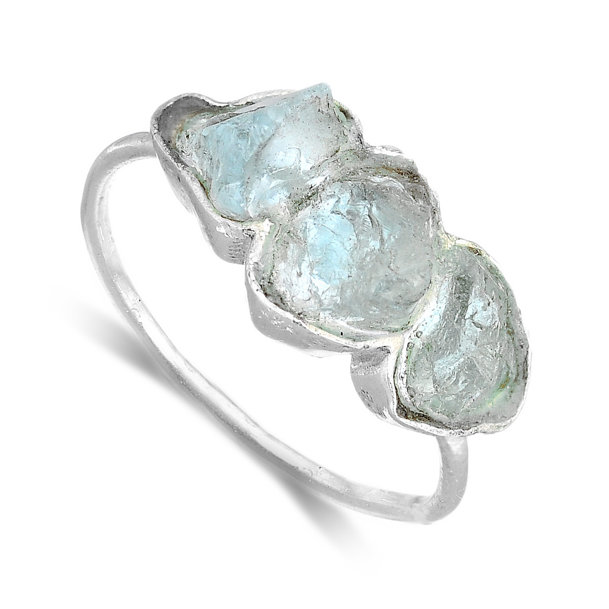 Raw Aquamarine Three-Stone Ring in Sterling Silver 92.5