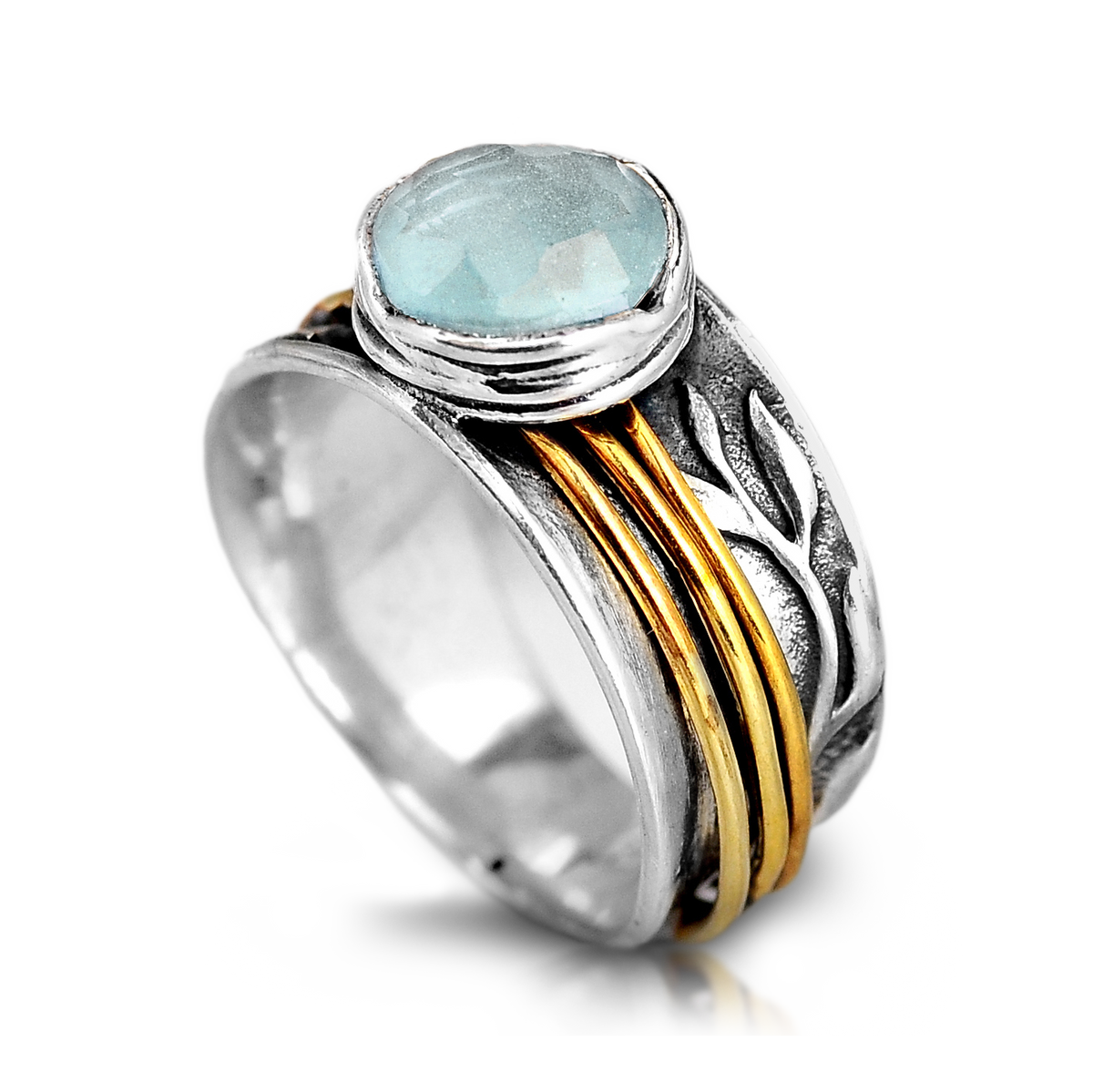 Aquamarine Leaf Spinner Ring in Sterling Silver with Gold-Tone Accents