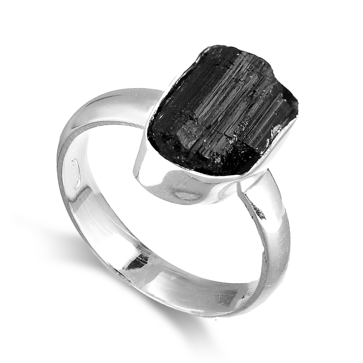 Raw Black Tourmaline Ring with Sterling Silver Band
