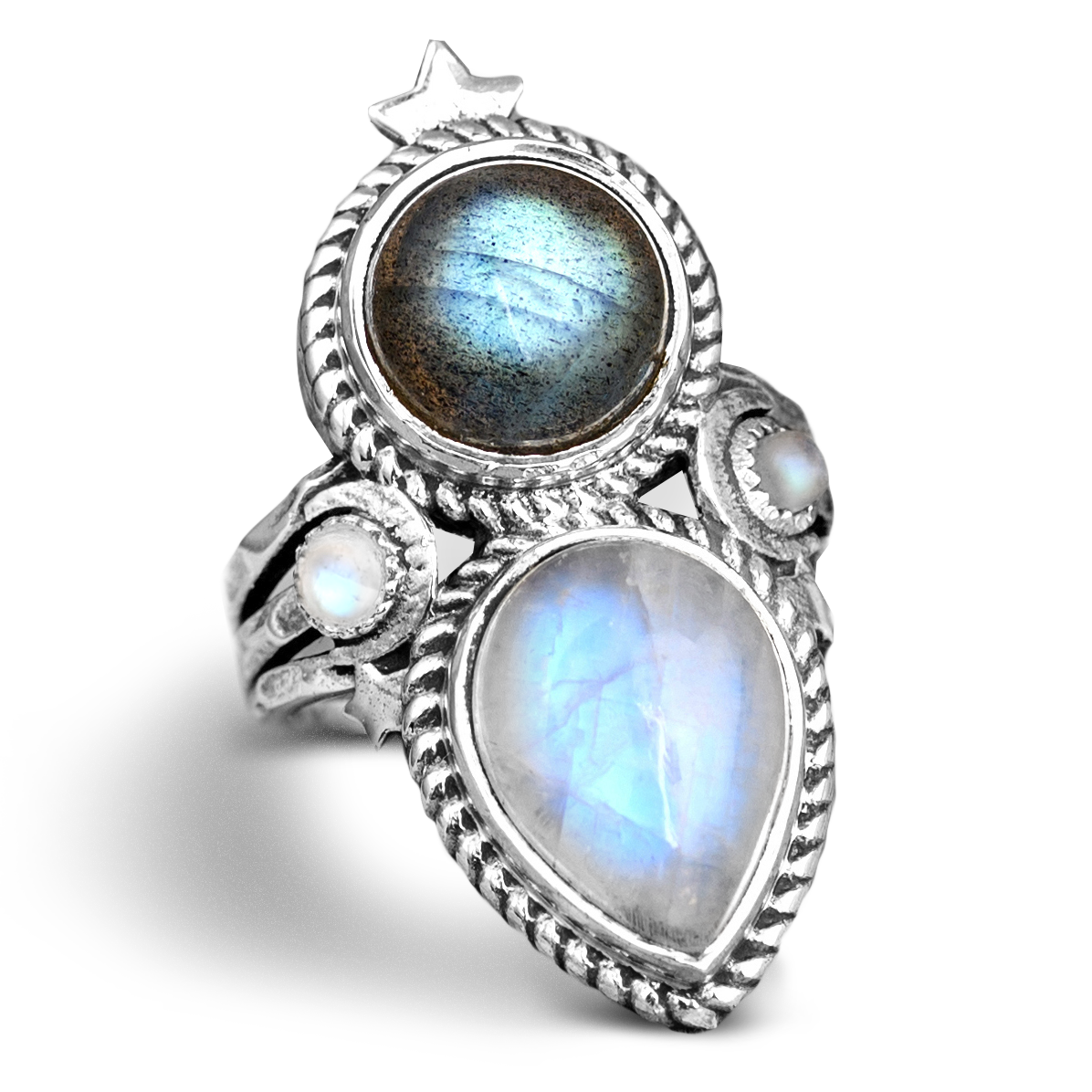 Celestial Star Moonstone Labradorite Ring with Textured Silver Band