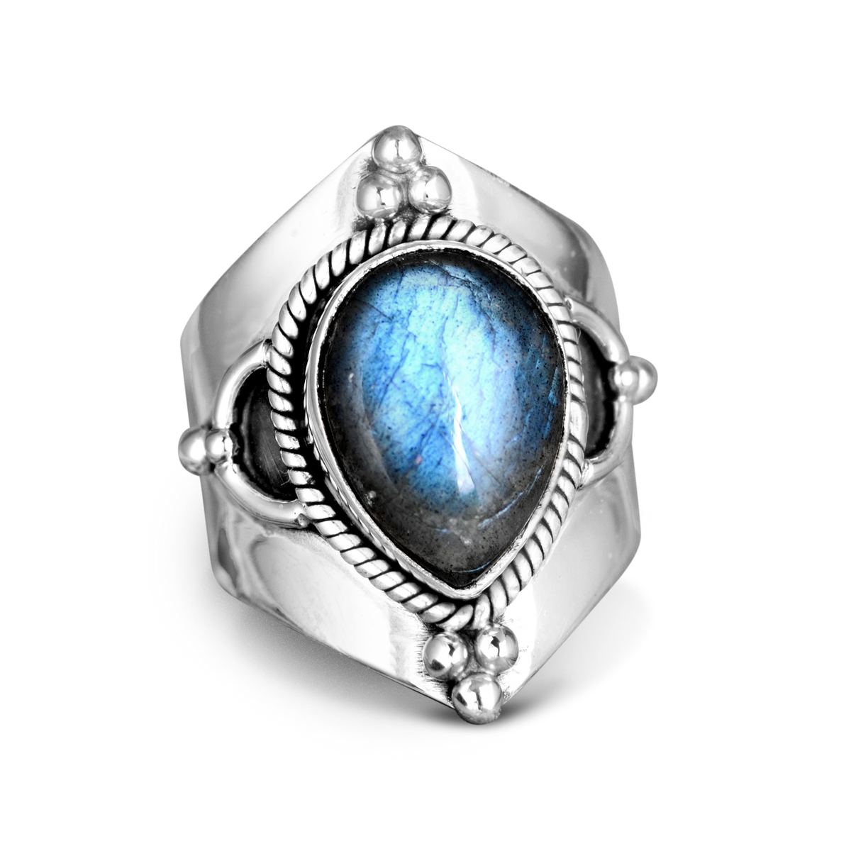 Teardrop Labradorite Ring with Twisted Silver Band