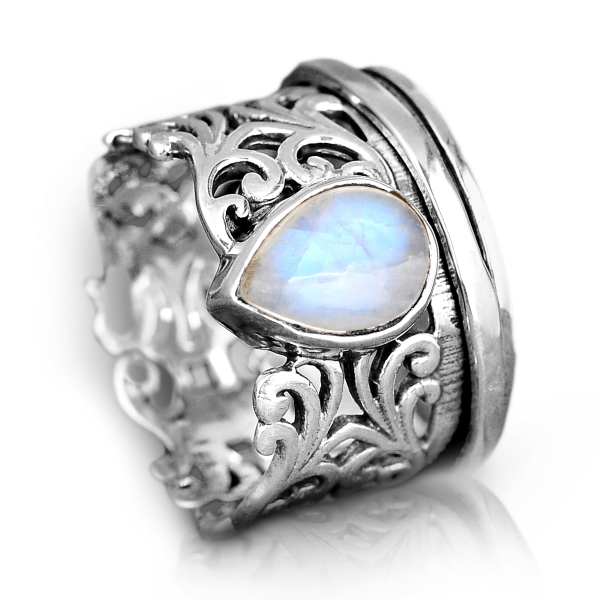 Teardrop Moonstone Spinner Ring with Silver Filigree Band