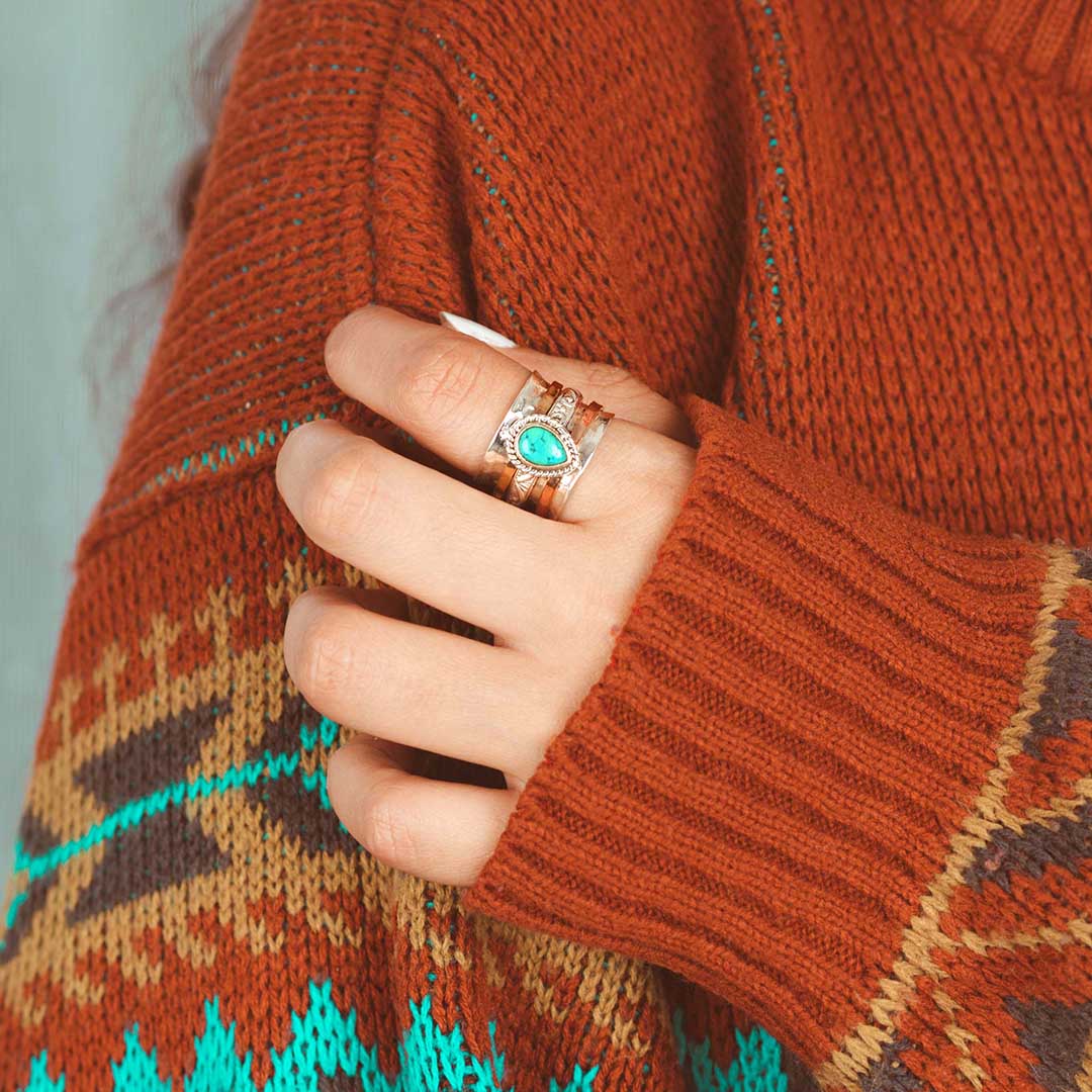 Teardrop Turquoise Fidget Ring with Rope-Twist Wide Band