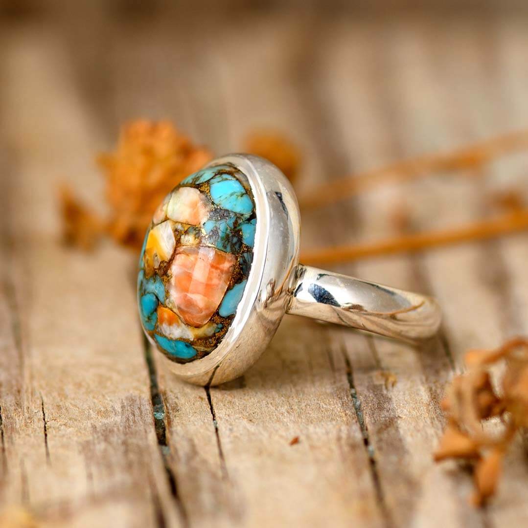 Oval Oyster Copper Turquoise Ring in Sterling Silver Bezel Setting