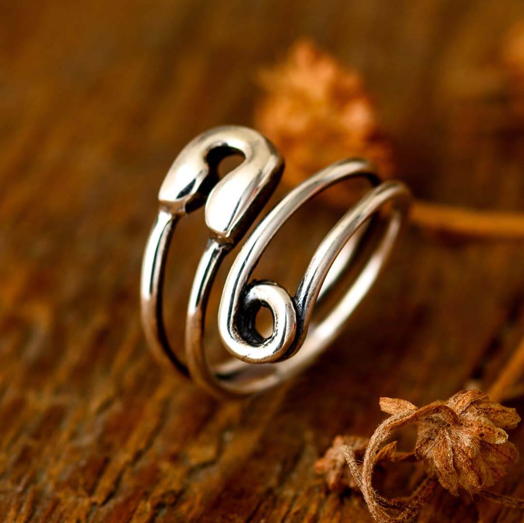Safety Pin Sterling Silver Ring with Wrap Design