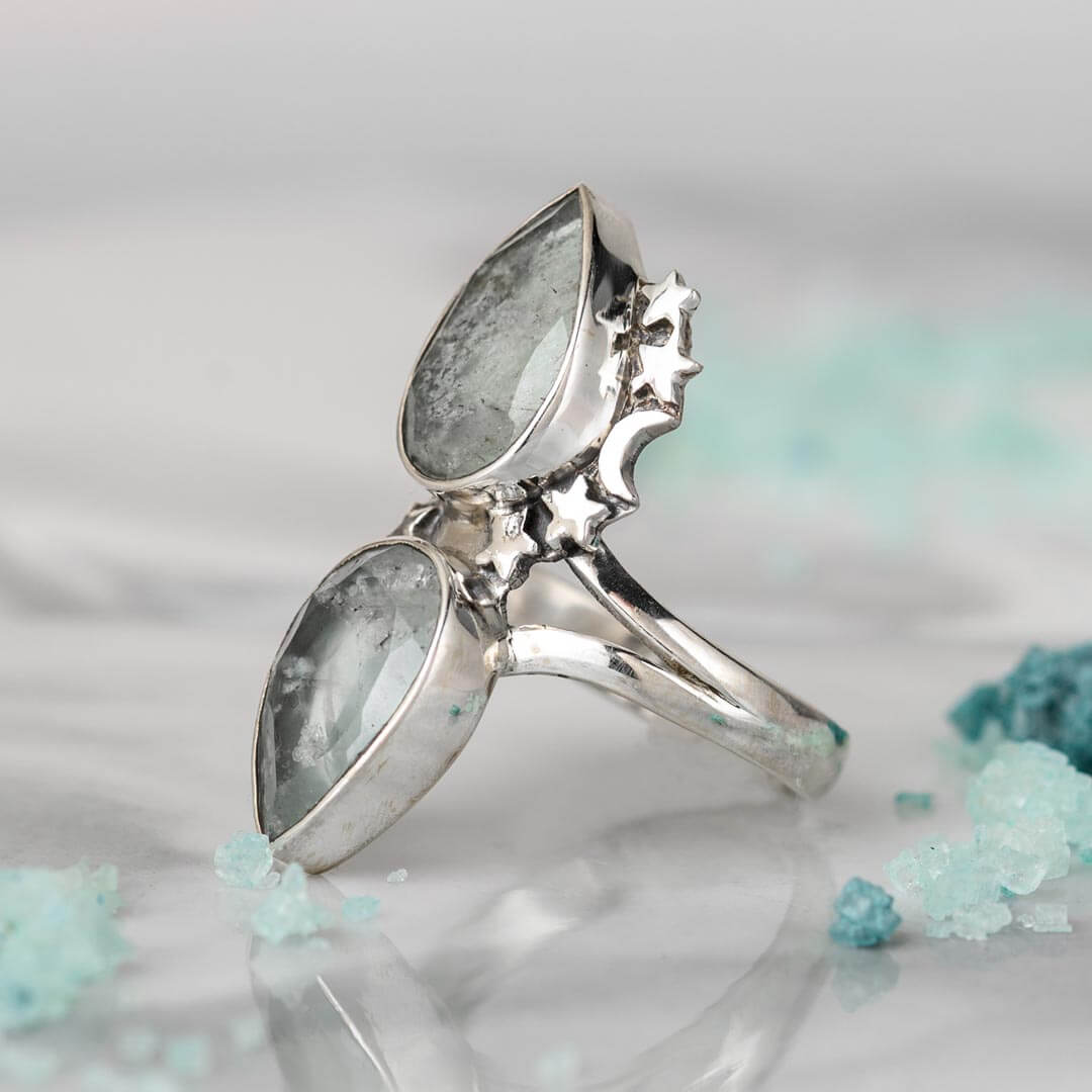 Double Teardrop Aquamarine Ring with Celestial Moon and Star Details
