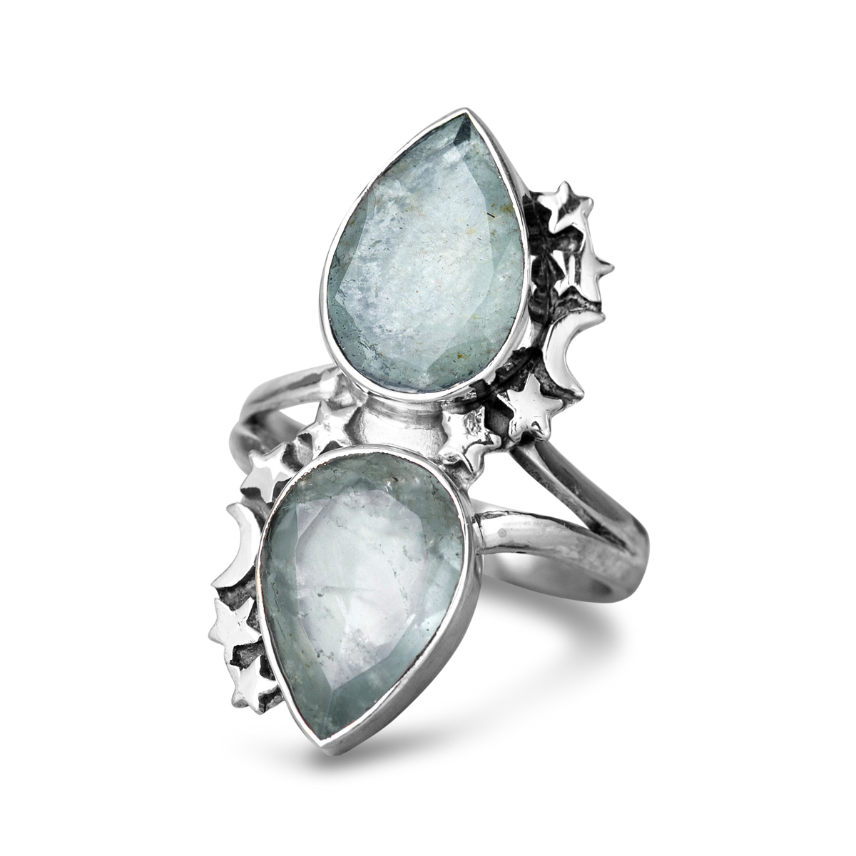 Double Teardrop Aquamarine Ring with Celestial Moon and Star Details