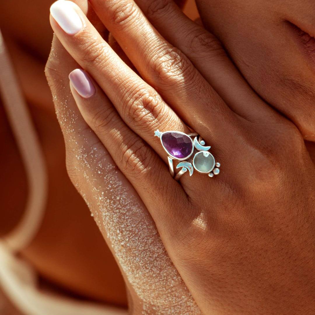 Amethyst Aquamarine Celestial Ring with Moon and Star Details, Sterling Silver 92.5