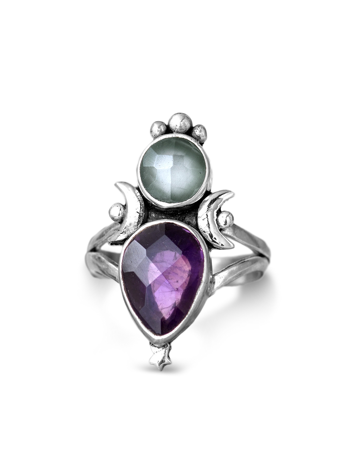 Amethyst Aquamarine Celestial Ring with Moon and Star Details, Sterling Silver 92.5