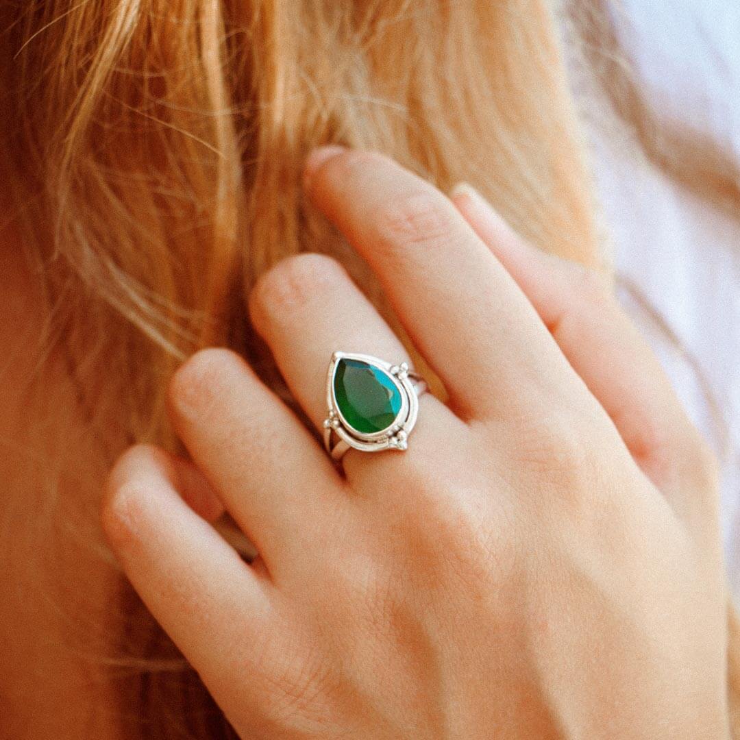 Teardrop Green Onyx Ring with Ornate Bezel Setting