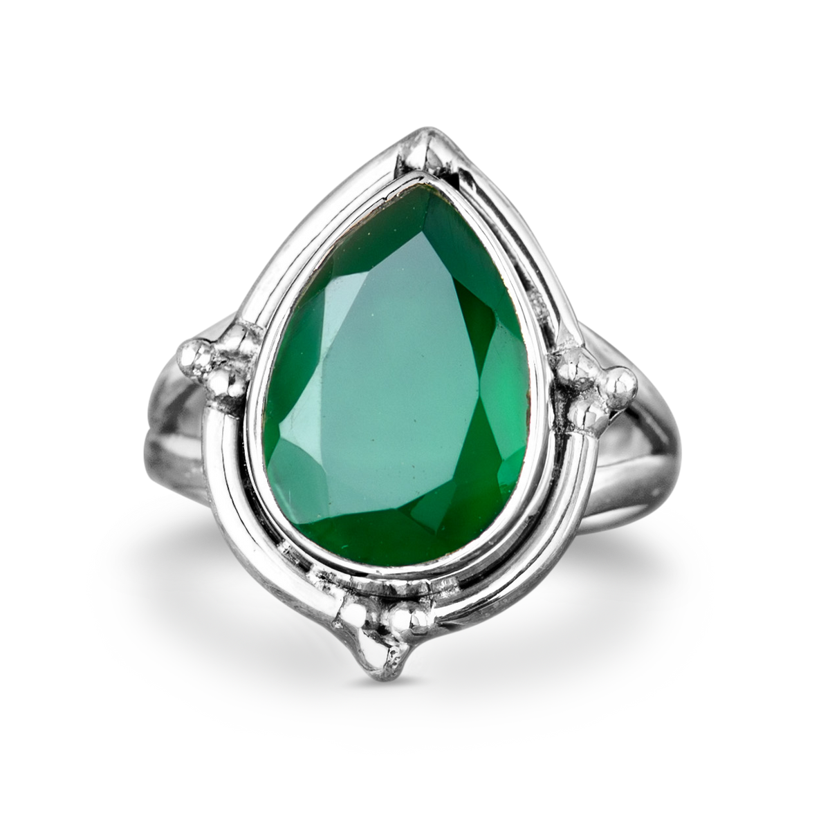 Teardrop Green Onyx Ring with Ornate Bezel Setting