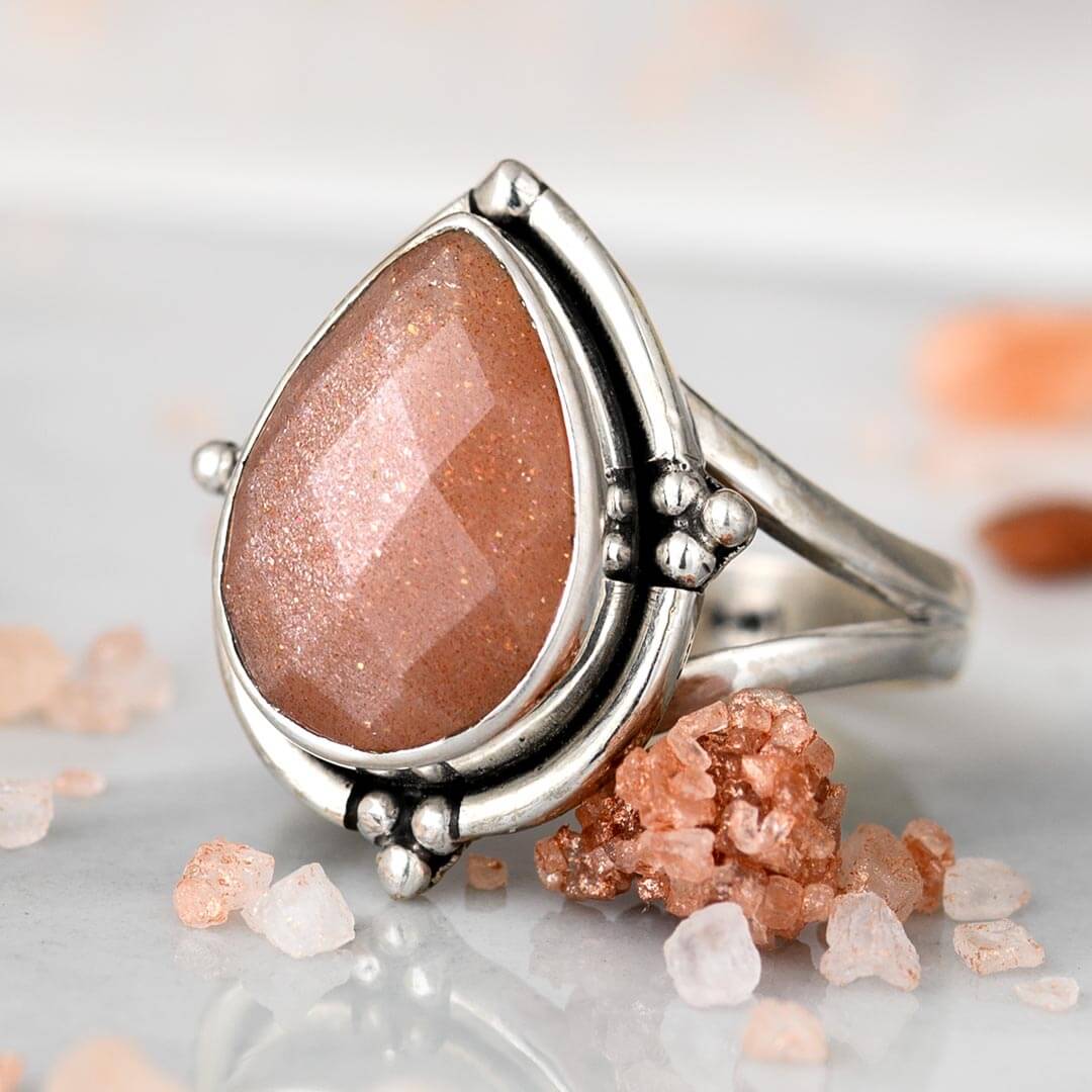 Teardrop Peach Moonstone Ring with Silver Ball Accents