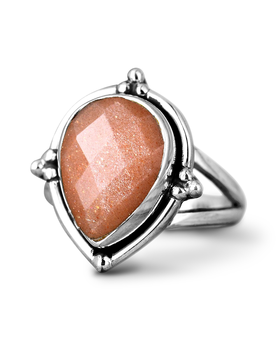 Teardrop Peach Moonstone Ring with Silver Ball Accents