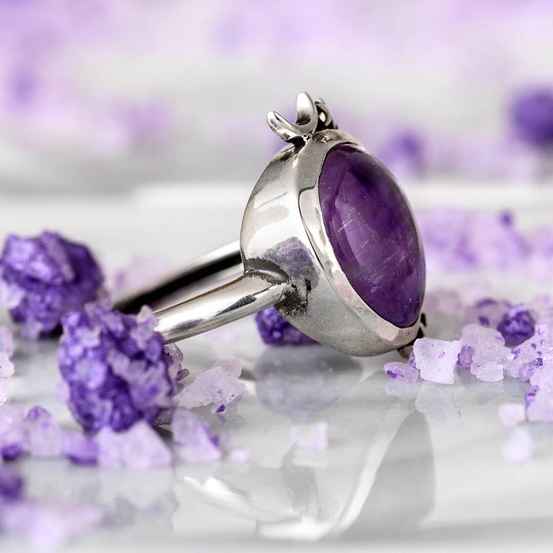 Amethyst Celestial Statement Ring with Crescent Moon and Stars, Sterling Silver
