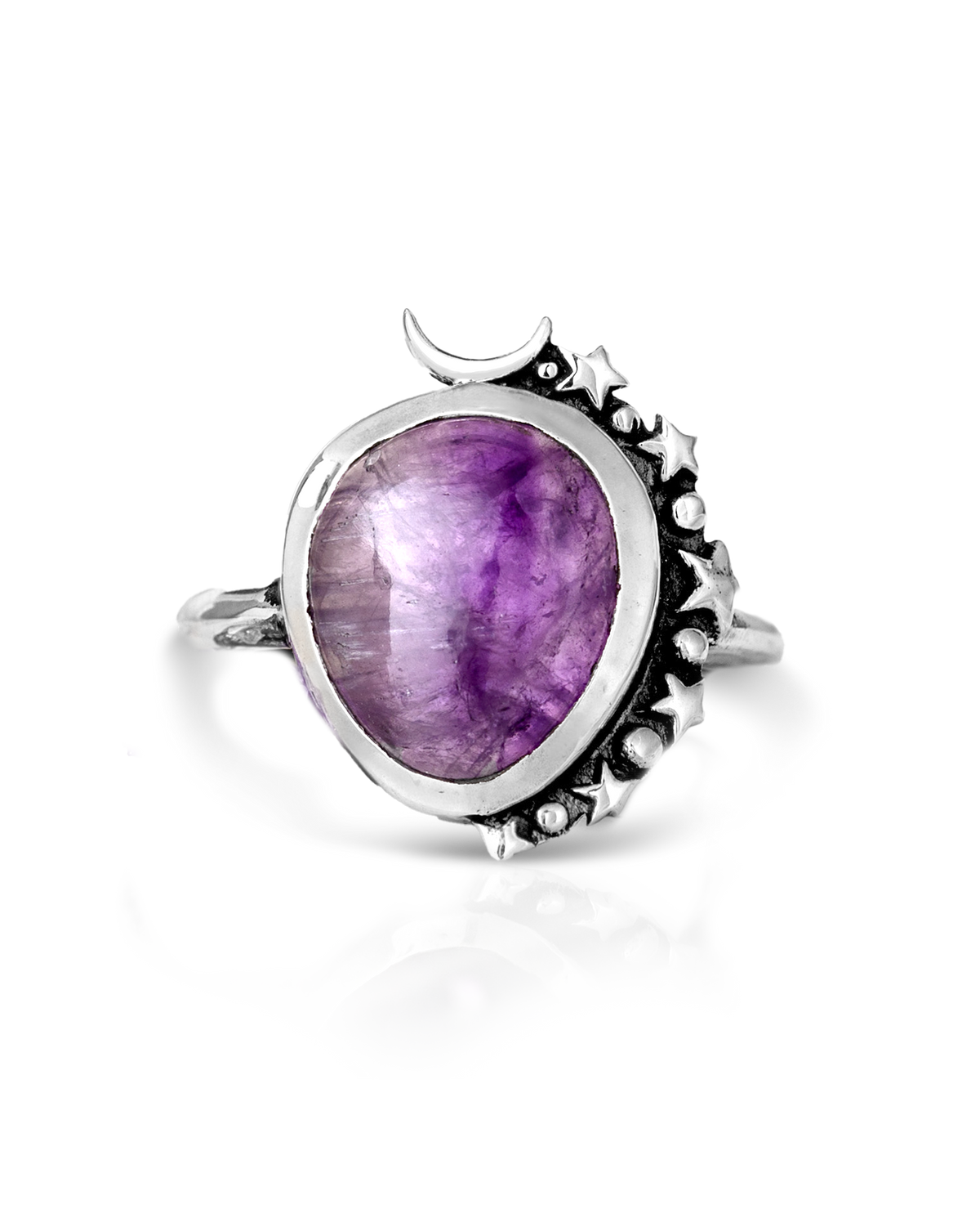 Amethyst Celestial Statement Ring with Crescent Moon and Stars, Sterling Silver