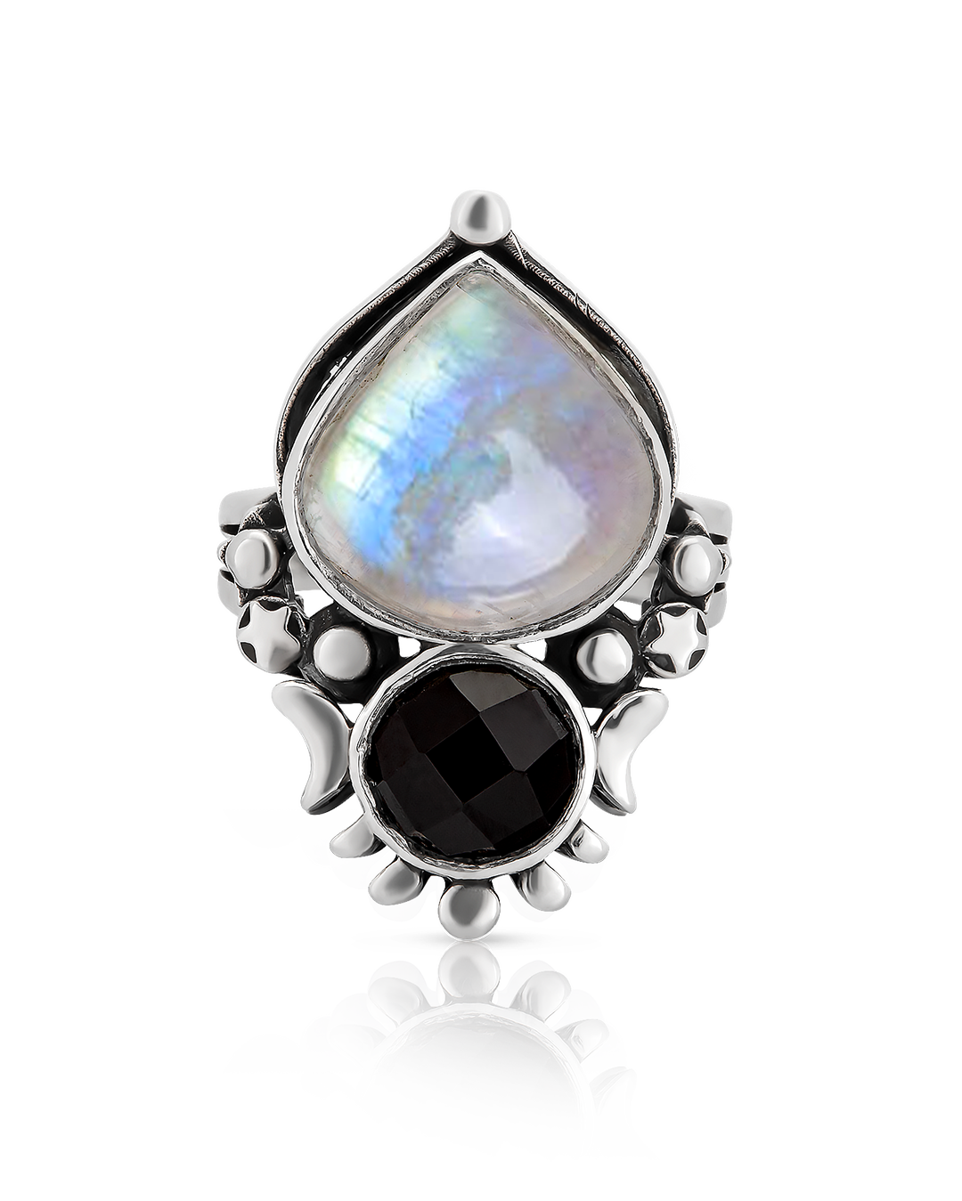 Celestial Moonstone and Onyx Ring in Sterling Silver