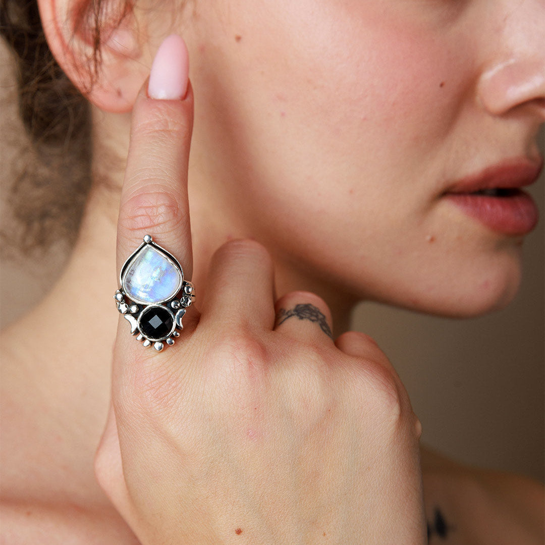 Celestial Moonstone and Onyx Ring in Sterling Silver