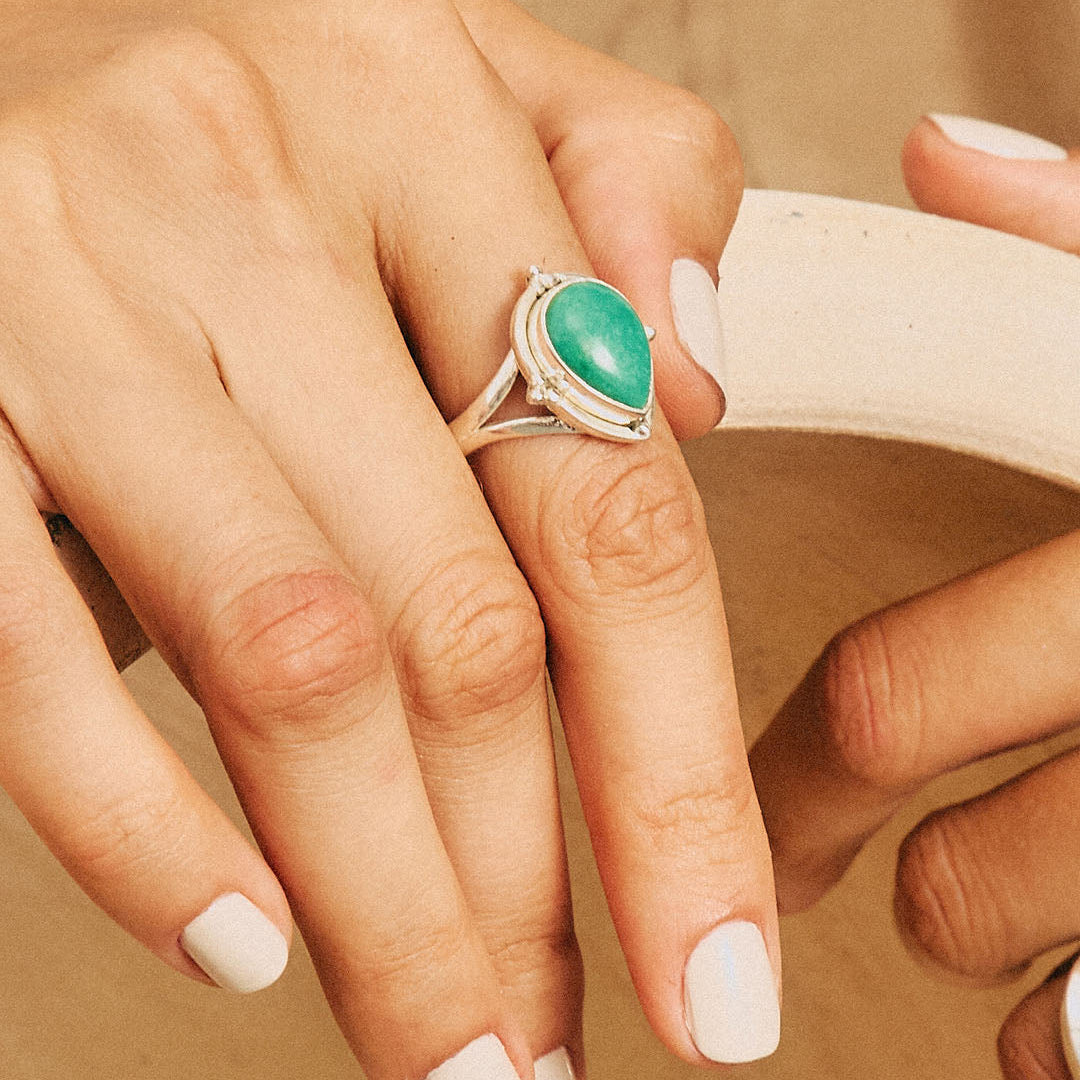 Teardrop Turquoise Sterling Silver Ring with Ornate Bezel Setting