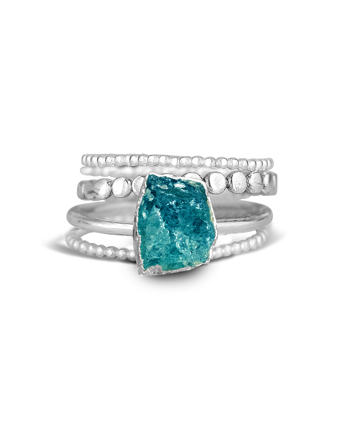 Raw Apatite Ring Set with 3 Sterling Silver Stacking Bands