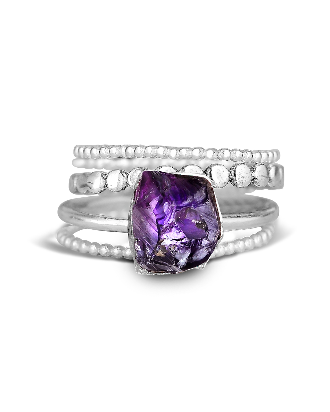 Raw Amethyst Stacking Ring Set, Sterling Silver 92.5, 4 Rings
