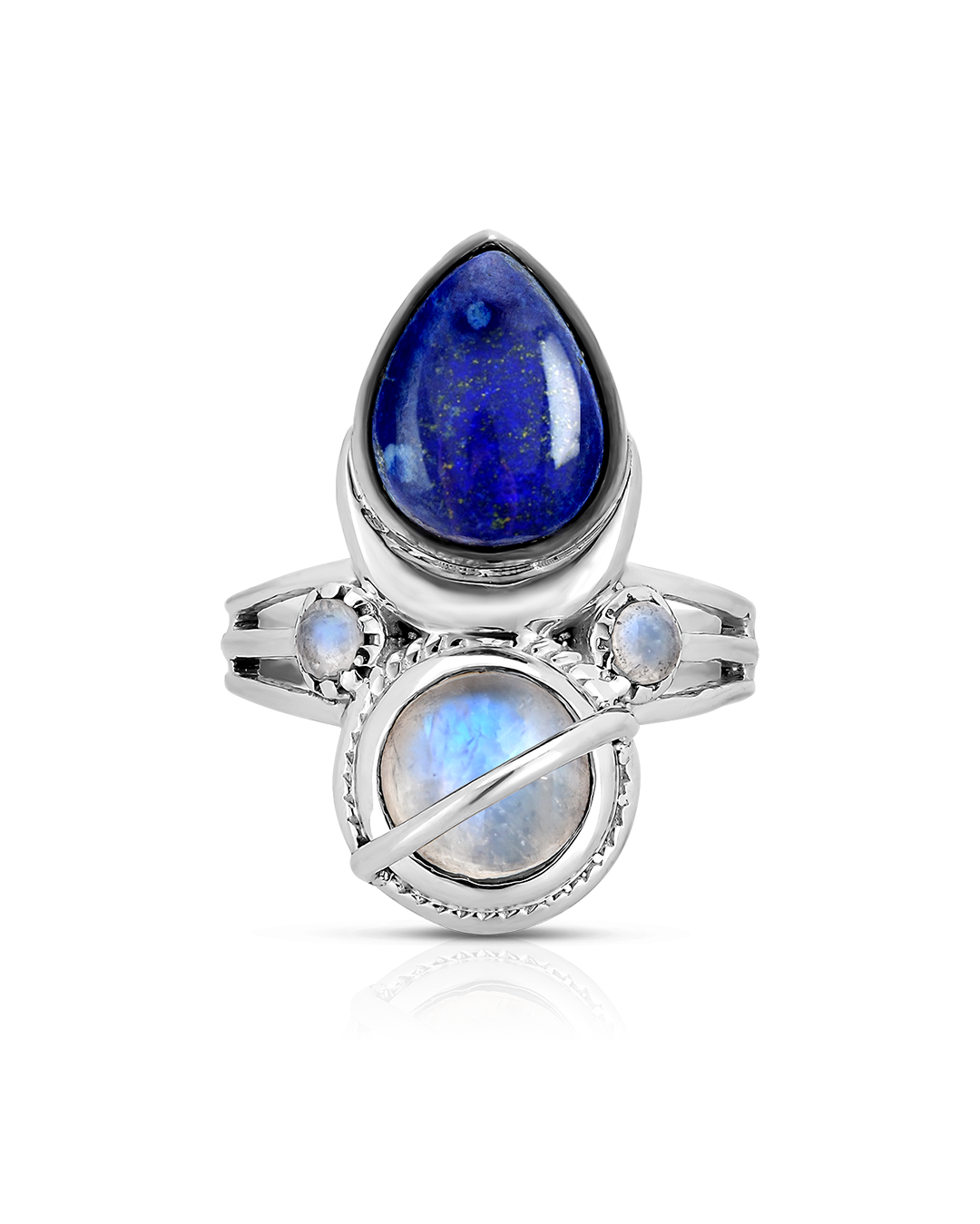 Teardrop Lapis Lazuli and Moonstone Ring with Celestial Band Detail