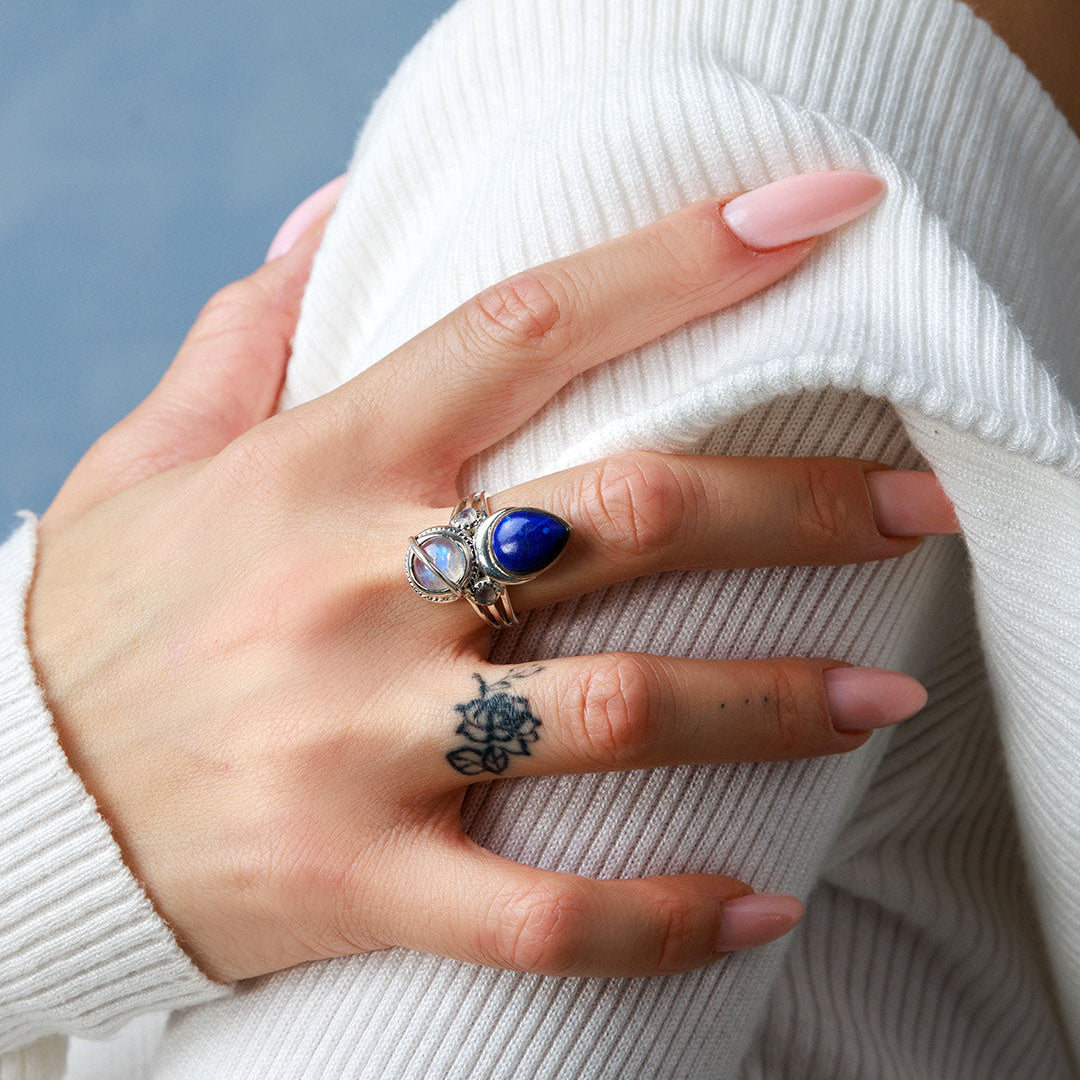 Teardrop Lapis Lazuli and Moonstone Ring with Celestial Band Detail
