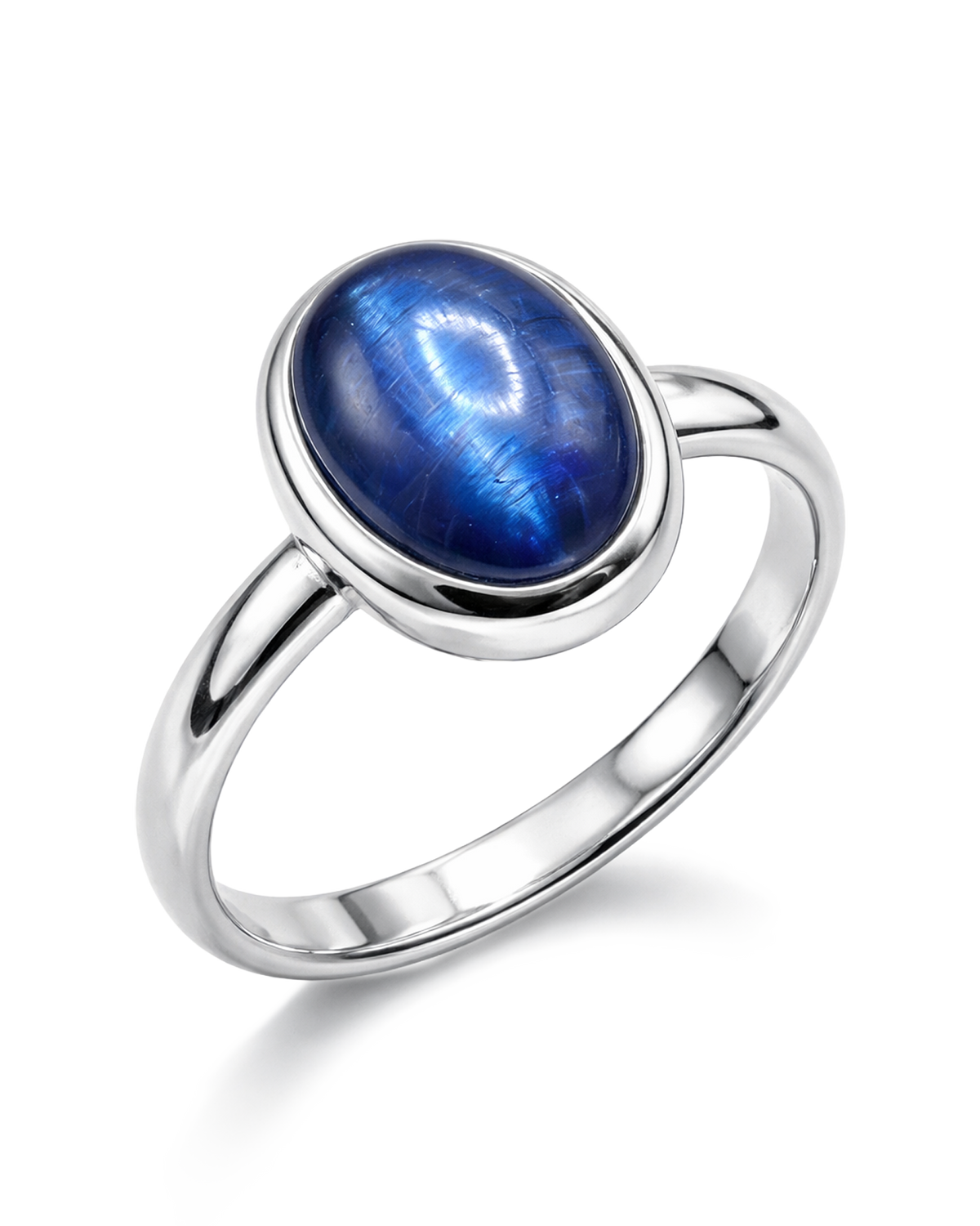 Oval Kyanite Cabochon Ring in Sterling Silver Bezel Setting
