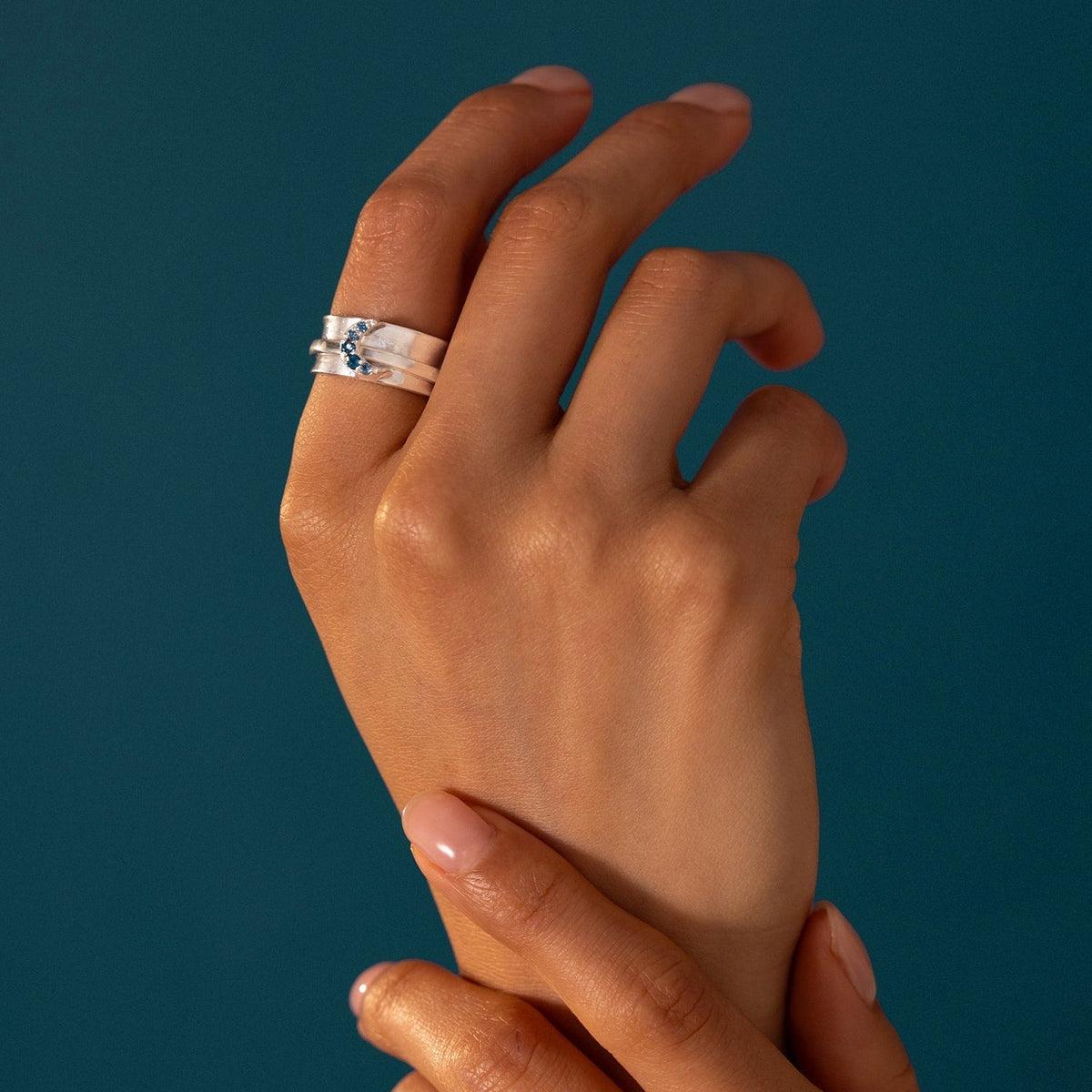 Crescent Moon Blue Topaz Fidget Ring with Rotating Band