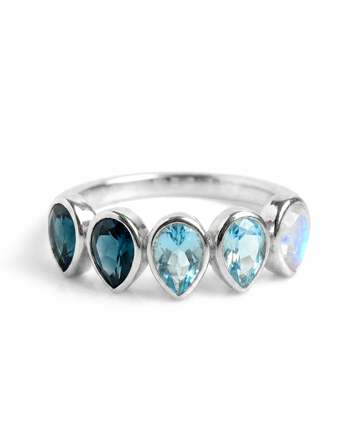 Moonstone Ombre Ring with Graduated Topaz and Aquamarine Teardrops