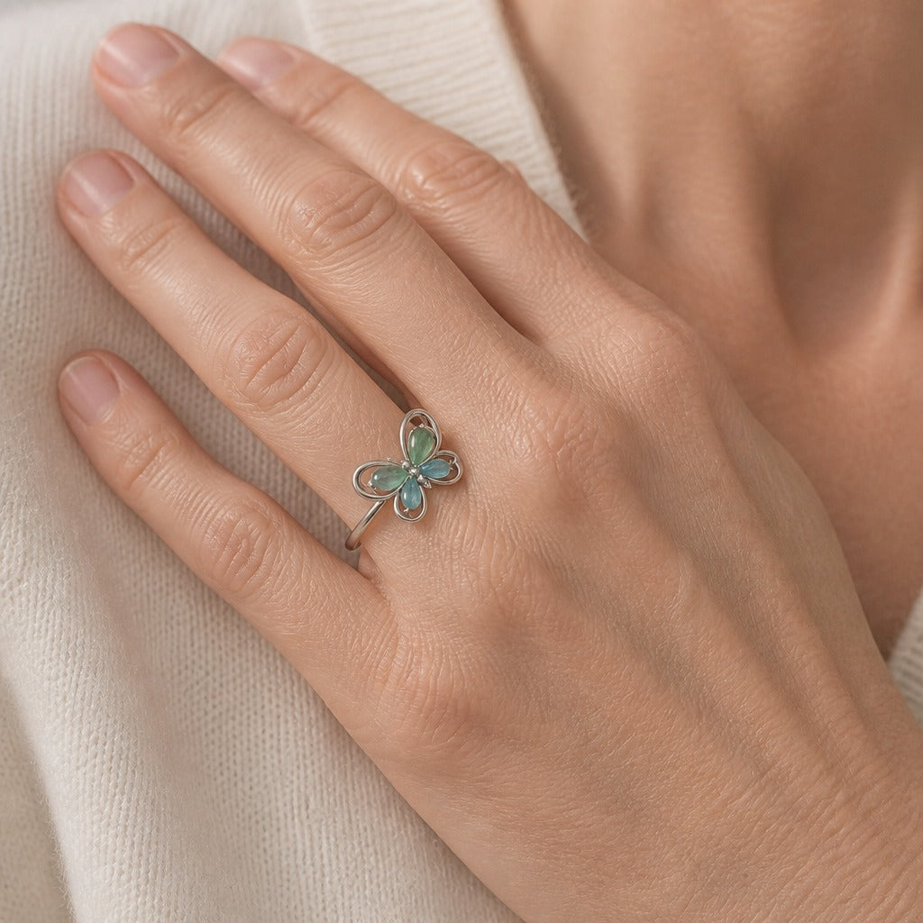 Butterfly Ring with Green and Teal Faceted Stones, Adjustable Fit — main image