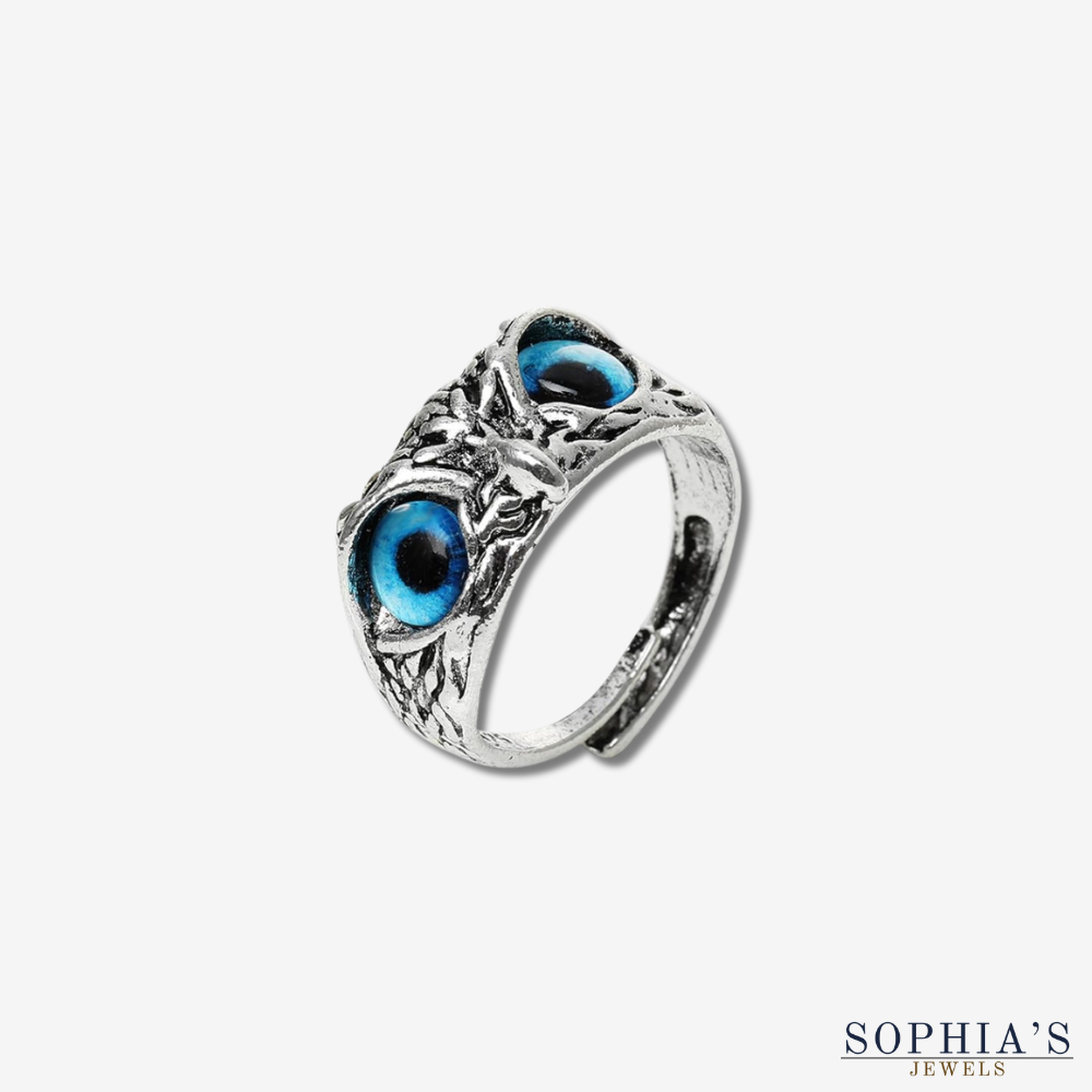 Owl Statement Ring with Turquoise Eyes and Antique Silver Finish — view 2
