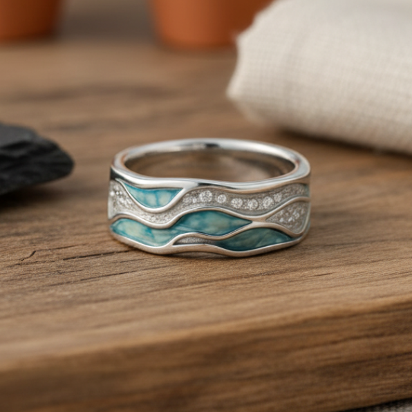 Turquoise Jewelry Set - Wave Ring, Leather Wrap Necklace and Silver-Tone Filigree Cuff - 3 Pieces